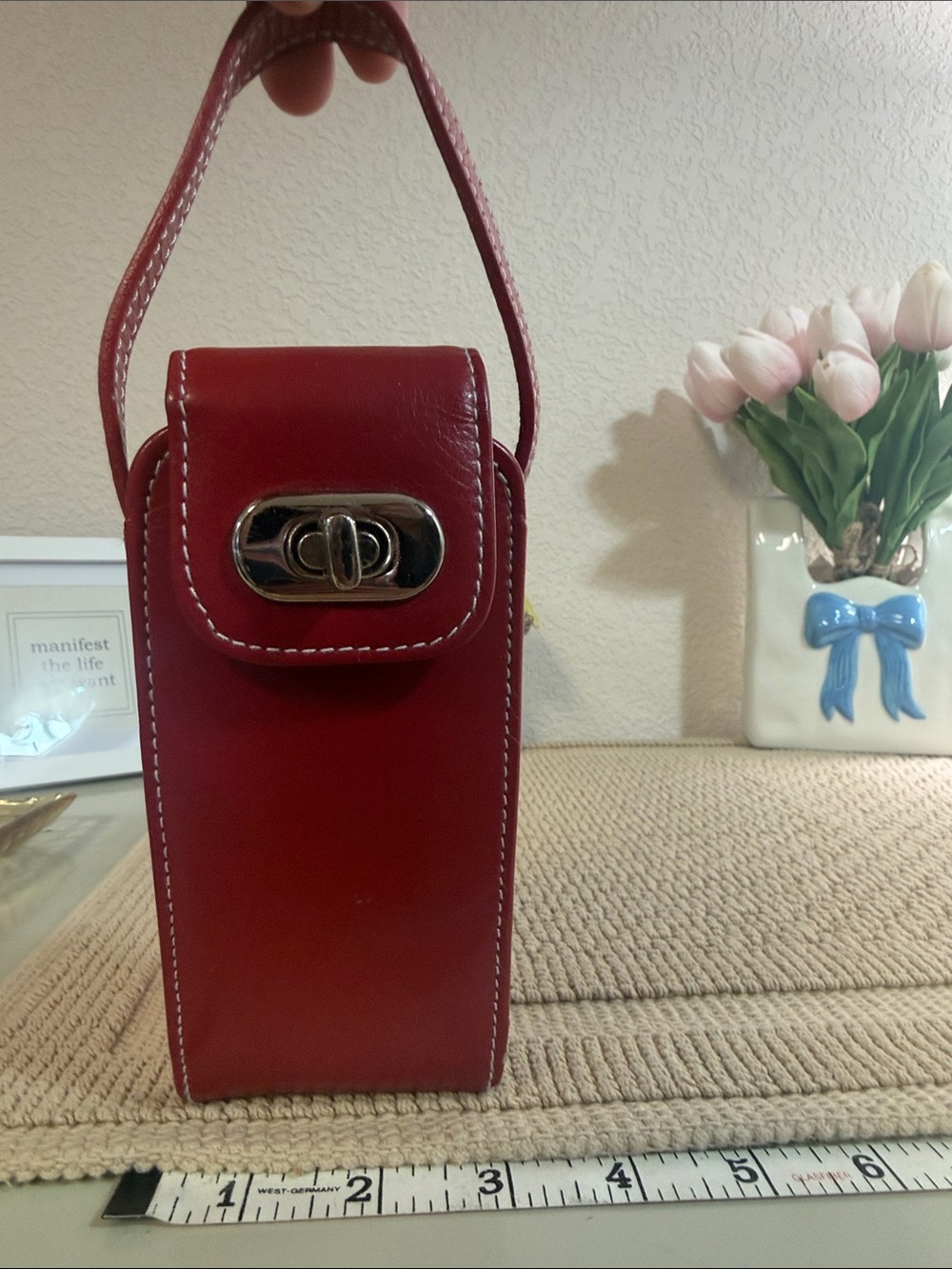 Vintage Red Leather Wristlet Turn Lock Mini Bag